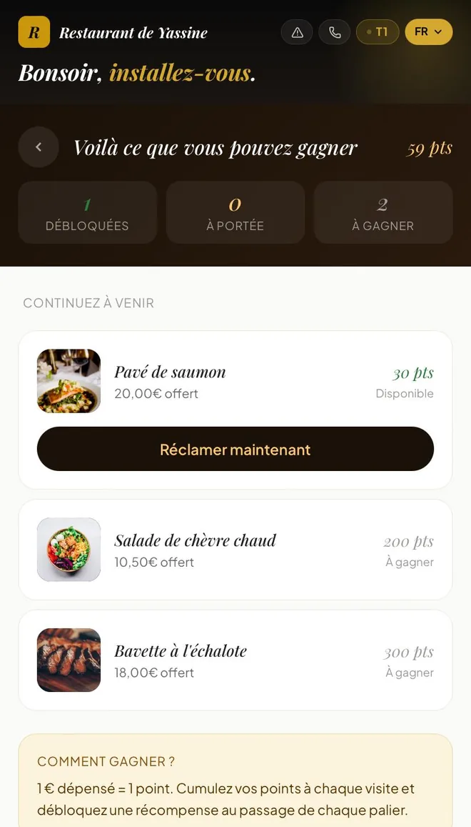 Ce qu'il peut gagner, ce qu'il a déjà débloqué, et le plat offert qu'il peut réclamer maintenant.