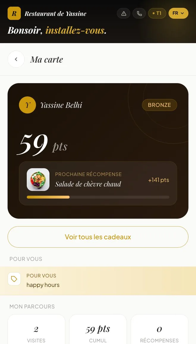 Sa carte, son palier, son parcours chez vous : ses visites et ses points cumulés.